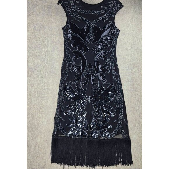 Sequined Fringe Black Sleeveless Cocktail Dress Elegant Art Deco Style Polyester - Picture 1 of 8